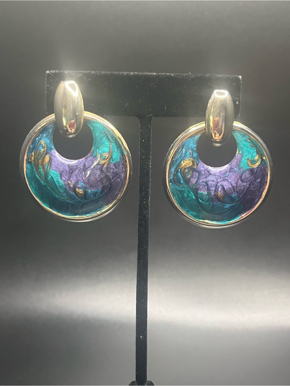 Gold-Tone Round Drop Earrings with Teal & Purple Enamel. Light weight 80s-90s